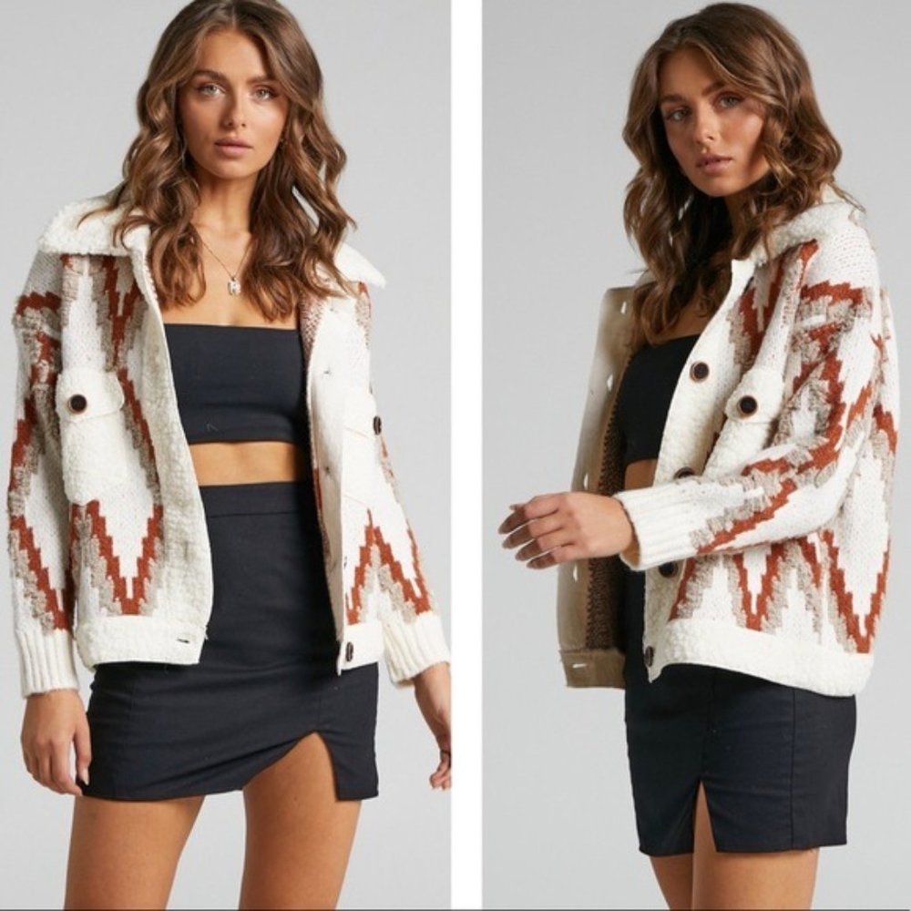 Aztec Print Knit Oversized Cardigan Geo Print Textured 3D Sherpa Trim Coat - Picture 3 of 6